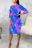 Powder blue Sexy Polyester Tie Dye Split Joint O Neck Long Sleeve Knee Length Long Sleeve Dress Dresses
