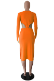 Orange Sexy Solid Hollowed Out V Neck Pencil Skirt Dresses
