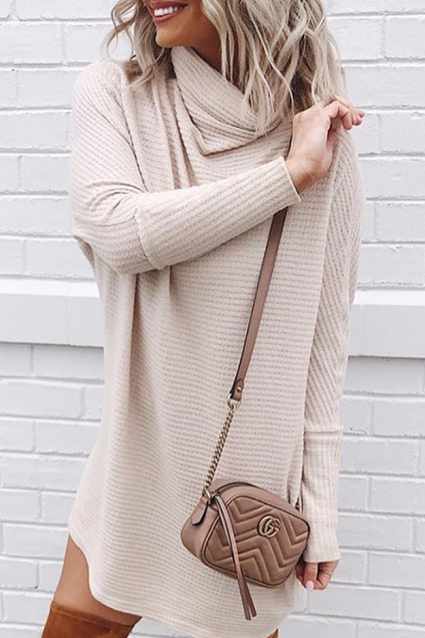 Apricot Casual Solid Patchwork Turtleneck Straight Dresses