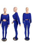Dark Blue Casual Solid Draw String Fold O Neck Long Sleeve Two Pieces