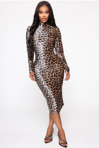 Leopard print Polyester Fashion adult Sexy Cap Sleeve Long Sleeves Turtleneck Step Skirt Mid-Calf Patchwork Print
