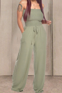 Army Green Fashion Casual Solid Draped Cotton Sleeveless Wrapped Jumpsuits