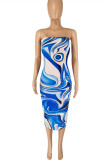 Blue Sexy Print Backless Strapless Sleeveless Dress