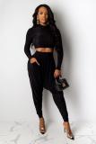 Black Casual Fashion adult Draped Two Piece Suits Solid Loose Long Sleeve Two-piece Pants Set