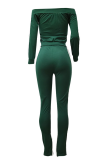 Green Sexy Patchwork Slit Bateau Neck Long Sleeve Two Pieces