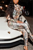 Multicolor Fashion Sexy Print See-through O Neck Long Sleeve Two Pieces