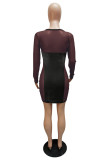 Color Blue Work Daily Solid Hollowed Out Patchwork See-through Pencil Skirt Dresses