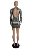 Silver Sexy Solid Patchwork Backless O Neck A Line Dresses