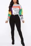 Grey Street Print Patchwork O Neck Mid Waist Tops