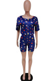 Royal blue Fashion Casual adult Ma'am Patchwork Print Zippered Two Piece Suits pencil Short Sleeve Two Pieces