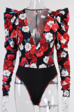 Red Sexy Print Patchwork V Neck Skinny Bodysuits