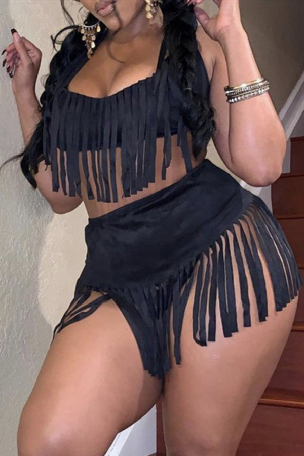 Black Fashion Sexy Solid Tassel Patchwork Backless Halter Sleeveless Two Pieces