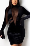 Black Elegant Solid Split Joint O Neck Pencil Skirt Dresses