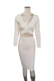 Red Sexy Solid Hollowed Out Split Joint V Neck Wrapped Skirt Dresses