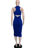 Blue Fashion Solid Backless Asymmetrical O Neck Asymmetrical Dresses