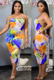 rose red Fashion Casual adult Ma'am Blue Orange Yellow rose red Off The Shoulder Slip cake dress Mid-Calf Print Patchwork Dresses