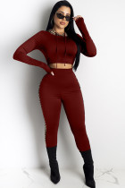 Wine Red venetian Sexy Two Piece Suits Leopard Patchwork pencil Long Sleeve Two-piece Pants Set