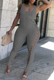 Pink Fashion Casual Solid Hollowed Out Strap Design O Neck Skinny Jumpsuits