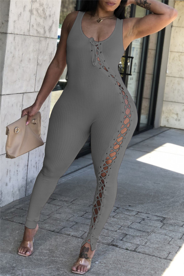 Grey Fashion Casual Solid Hollowed Out Strap Design O Neck Skinny Jumpsuits