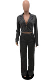 Grey Casual Solid Patchwork Long Sleeve Two Pieces