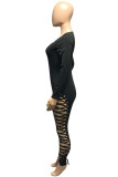Black Sexy Street Twilled Satin Solid Bandage Pants Strap Design V Neck Skinny Jumpsuits