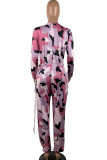 Blue Casual Print Polyester Long Sleeve V Neck Jumpsuits