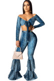 Blue Polyester Sexy Print Patchwork Two Piece Suits Boot Cut Long Sleeve Two-piece Pants Set