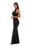 Black Polyester Fashion adult Sexy Off The Shoulder Sleeveless O neck A-Line Ankle-Length Solid Patchwork