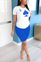 Peacock blue Polyester Fashion adult Ma'am Street Print Two Piece Suits pencil Short Sleeve Two Pieces