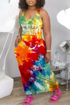 Multicolor Sexy Casual Letter Print Tie-dye U Neck Vest Dress