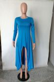Blue Casual Solid Slit O Neck Irregular Dress Dresses