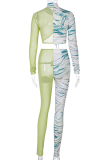 Green Sexy Camouflage Print See-through Mesh Half A Turtleneck Long Sleeve Two Pieces