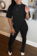 Black Fashion Casual Solid Slit Asymmetrical O Neck Short Sleeve Two Pieces