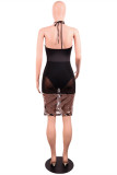 Black Fashion Sexy Patchwork Sequins See-through Backless Halter Sleeveless Dress