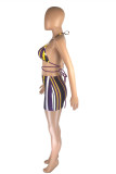 Purple Fashion Sexy Striped Print Backless Halter Sleeveless Two Pieces