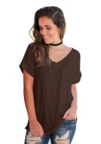Brown Fashion Casual Regular V-Neck Short Solid Slim Tees & T-shirts