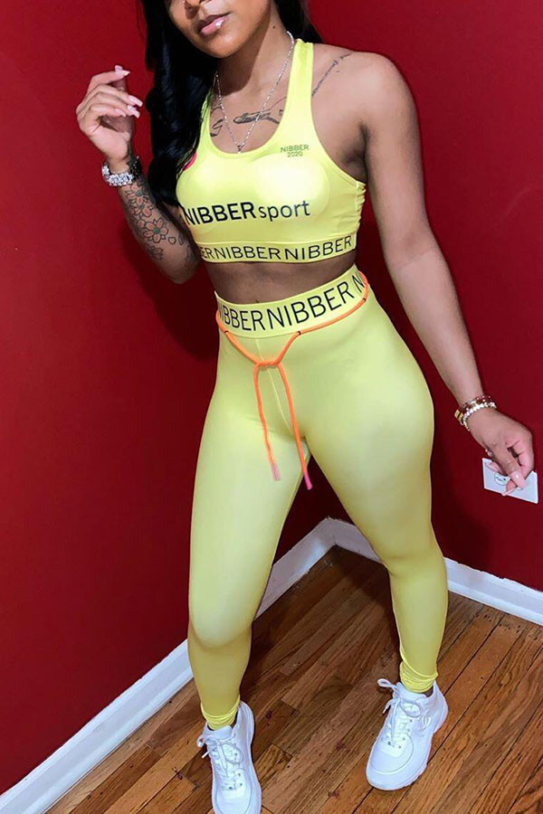 Light yellow Milk Silk Fashion Sexy Letter Patchwork Two Piece Suits pencil Sleeveless Two Pieces
