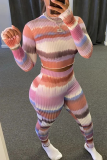 Pink Sexy Striped Split Joint O Neck Long Sleeve Two Pieces