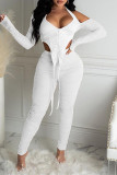 White Fashion Sexy Patchwork Solid See-through Asymmetrical Halter Long Sleeve Two Pieces