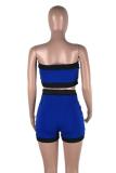 Blue Polyester Sexy Fashion crop top Two Piece Suits Plaid Patchwork Skinny Sleeveless