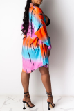 Purple Sexy Patchwork Tie-dye Turndown Collar Long Sleeve Two Pieces