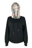 Black hooded Patchwork Plaid Print Polyester Patchwork Long Sleeve Sweats & Hoodies