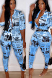 Blue Polyester Fashion Sexy Slim fit Two Piece Suits Geometric Letter asymmetrical Print Skinny Half Slee