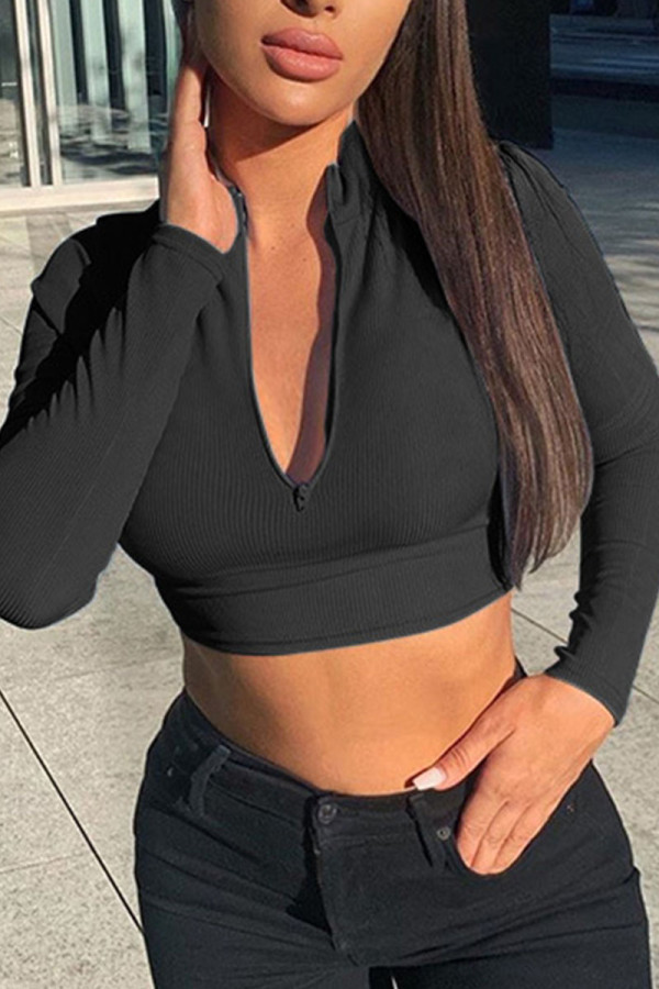 Black Sexy Solid Split Joint O Neck Mid Waist Tops