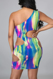 Multicolor Fashion Sexy Print Hollowed Out Oblique Collar Sleeveless Dress