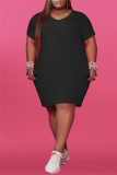 Black Fashion Casual Plus Size Solid Basic V Neck Short Sleeve Dress