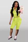 Yellow Casual Fashion Zippered Bandage Solid Fluorescent Two-Piece Short Set