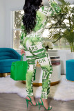 Green British Style Print O Neck Long Sleeve Two Pieces
