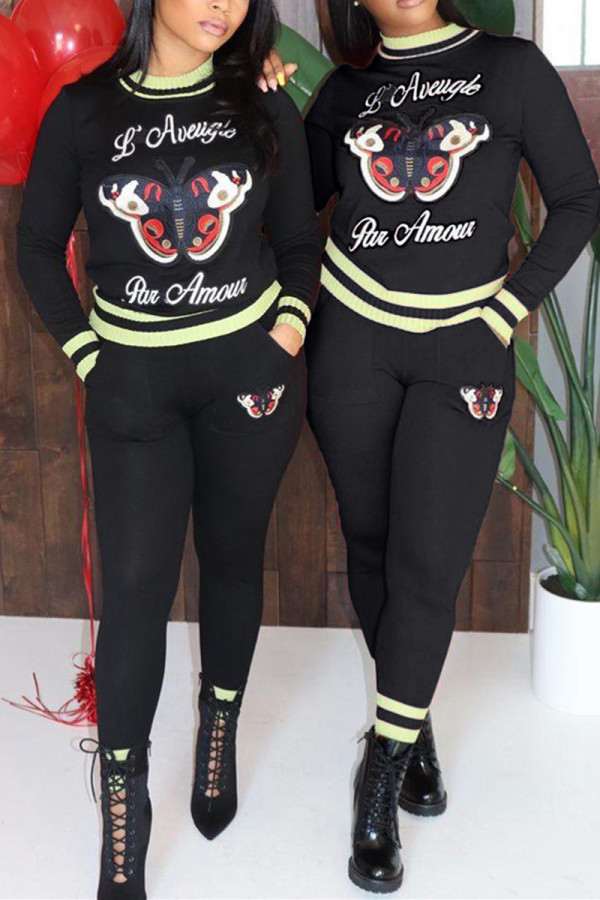 Black Fashion Casual Butterfly Print Basic O Neck Long Sleeve Two Pieces