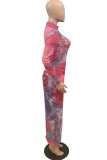 Red Polyester Spandex Print O Neck Long Sleeve Ankle Length Pencil Skirt Dresses